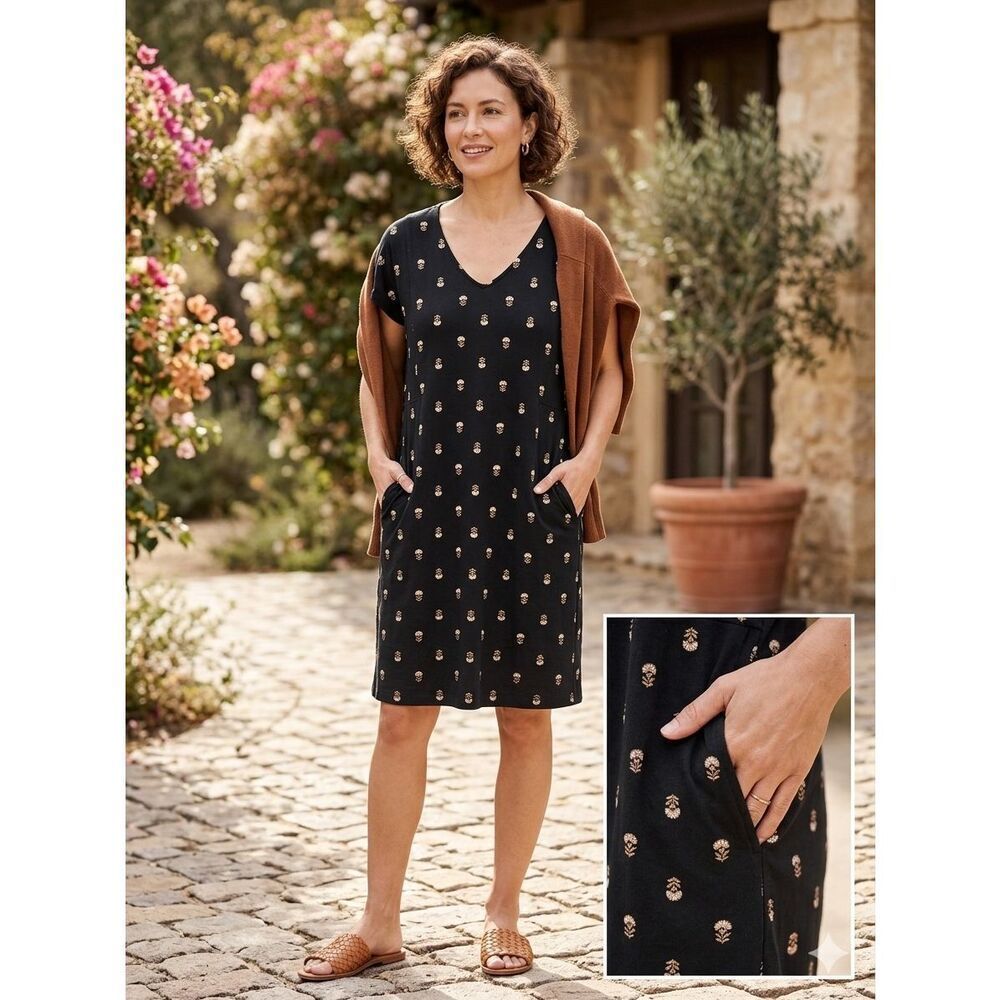 Pure Jill Organic Cotton Floral V-Neck Dress XS Petite Black